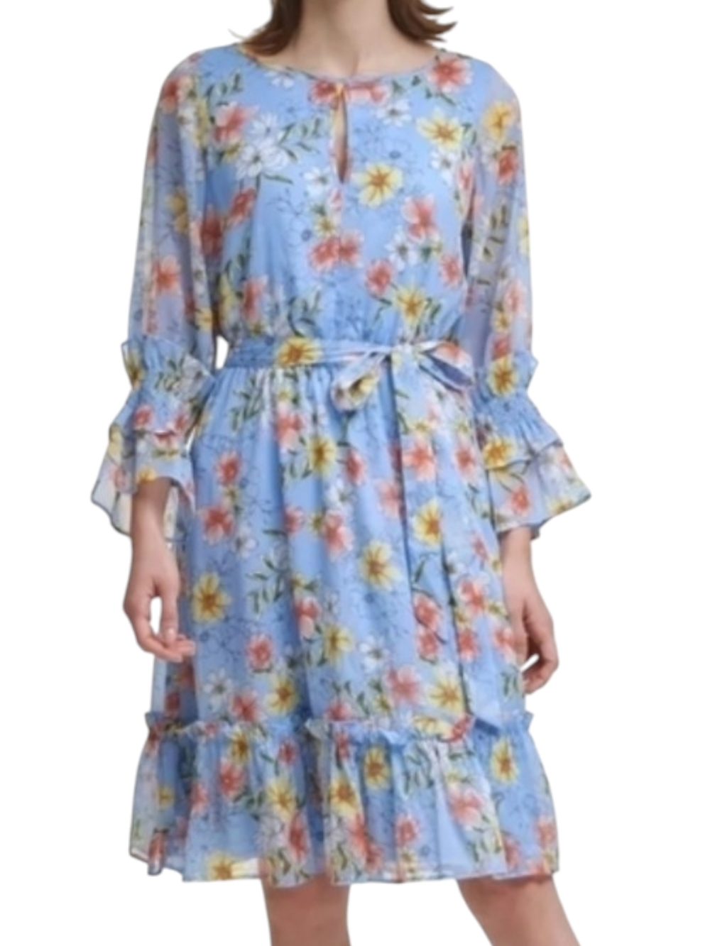 Calvin Klein Floral shimmer Print Dress, 3/4 Sleeve, Blue,  Ruffle Hem Size 14. 